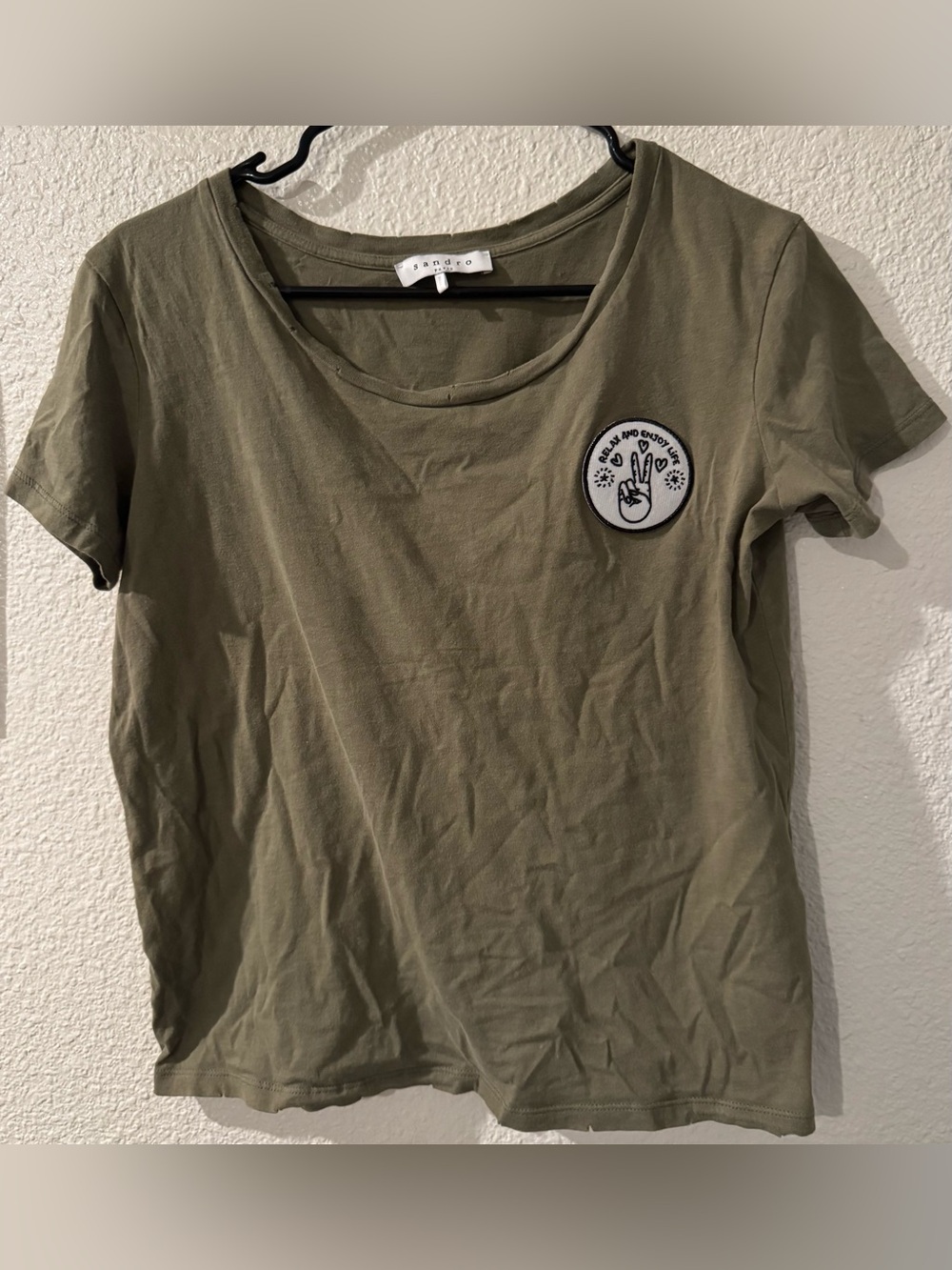 Sandro Olive Green Short Sleeve Tee with Peace Patch